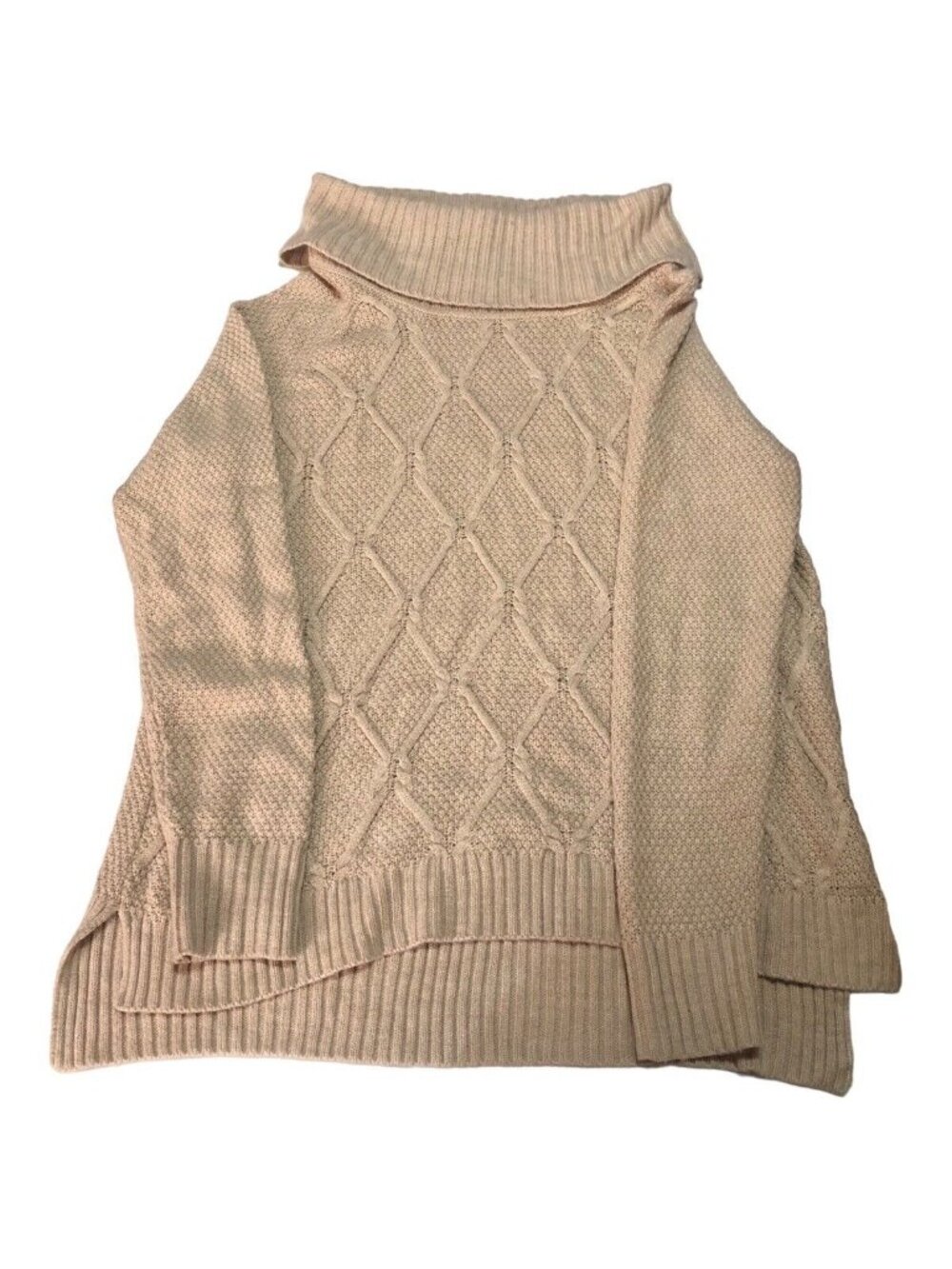 Coastal Grandma Cable Knit Beige Cowl Neck Pullover Side Splits Sweater L 12-14